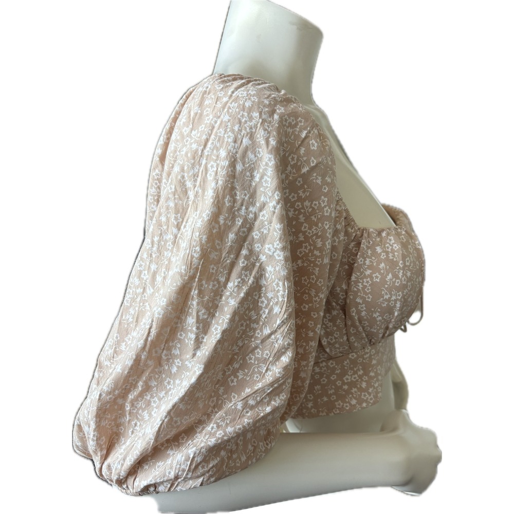 NWT Petal & Pup Floral Crop Top Puff Sleeve Tie Front Beige Women's Size L - Picture 5 of 13